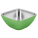 A green and stainless steel square bowl.