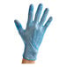 A person's hand wearing a blue Noble Products disposable glove.