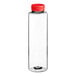 A clear plastic Cylinder PET sauce bottle with a red cap.