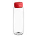 A clear plastic cylinder with a red inverted squeeze bottle lid.