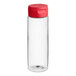 A clear plastic cylinder sauce bottle with a red lid.