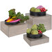 A Cal-Mil square gray pine display riser with three bowls of vegetables.