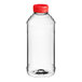 A clear plastic 16 oz. Skep PET sauce/honey bottle with a red cap.