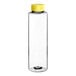 A clear plastic sauce bottle with a yellow cap.