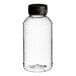 A clear plastic bottle with a black cap.