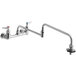 A T&S chrome wall mount pot and kettle filler faucet with two handles and a double-jointed swing nozzle.