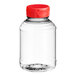 An 8 oz. clear PET bottle of honey with a red cap and heat induction seal liner.
