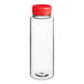 A clear plastic cylinder with a red cap.