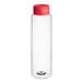 A clear plastic bottle with a red lid.