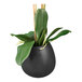 A black ceramic pot with a white orchid plant inside.