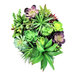 A group of artificial green and purple succulent plants in a white ceramic dish.