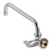 A silver Equip by T&amp;S wall mount faucet with a brass swing nozzle.