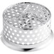 A stainless steel Garde 8 mm food mill sieve with holes in it.