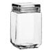 An Acopa clear glass jar with a metal lid.