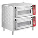 A silver Avantco double deck countertop bakery oven with red handles.