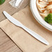 A Visions white plastic knife on a napkin.