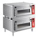 An Avantco double deck countertop bakery oven with silver doors and red handles.