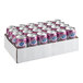 A cardboard box filled with purple Ruby Kist prune juice cans.