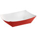 A red and white paper food tray with a lid.