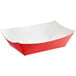 A red paper food tray with a white background.