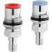 A close-up of the Eagle Group faucet spindle kit with stainless steel valves and red and blue caps.