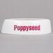 A white Tablecraft plastic salad dressing dispenser collar with maroon text reading "poppyseed"
