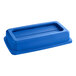 A blue Lavex Pro rectangular trash can with a Drop Shot lid.