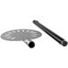 A circular silver metal pizza peel with a black handle and a perforated head.