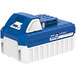 A blue and white Sun Joe 24V battery with a white cover.
