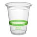 A clear plastic World Centric compostable cup with a green label.