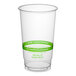 A clear plastic World Centric compostable cold cup with a green label.