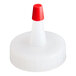A white plastic Yorker spout cap with a red tip.