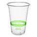 A clear plastic World Centric cold cup with a green label.