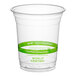 A clear plastic World Centric compostable cold cup with a green band.
