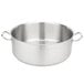 A close-up of a large silver Vollrath Optio brazier pan with handles.