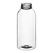 A clear plastic 12 oz. PET round sauce bottle with a black lid.