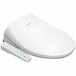 A white Barumi elongated electric bidet toilet seat with remote control and buttons.