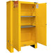 A yellow metal Durham safety cabinet with self-close doors.
