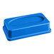 A dark blue rectangular Lavex trash can with a drop shot lid.