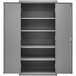 A grey metal Durham storage cabinet with open doors and shelves.