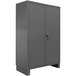 A grey steel Durham storage cabinet with two doors and a handle.