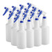 A set of six Noble Chemical white plastic spray bottles with blue sprayers.