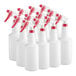 A group of white Lavex plastic bottles with red sprayers.
