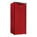 A red Danby reach-in refrigerator with a silver door.