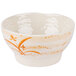 A white melamine bowl with orange orchid designs.