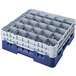 A blue plastic Cambro glass rack with 25 compartments.
