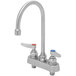A silver stainless steel Eversteel deck-mount workboard faucet with two handles, one red and one blue.
