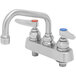 A silver stainless steel Eversteel deck mount workboard faucet with two handles and a 6" swing nozzle.