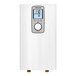 A white rectangular Stiebel Eltron tankless water heater with buttons and a digital display.
