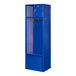 A blue metal locker with a mesh panel.